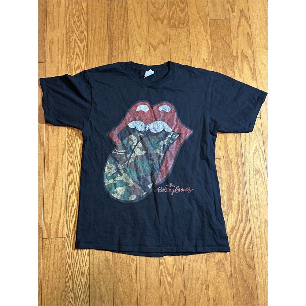 VTG Rolling Stones Shirt Womens M Black Hot Lips Tongue Rock Band Short Sleeve